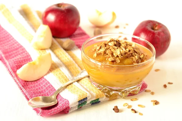 Pumpkin mousse with bananas, apples and granola — Stock Photo, Image