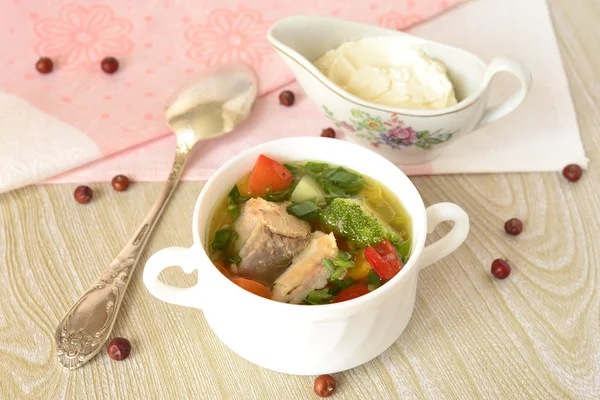 Vegetable soup with red fish — Stock Photo, Image