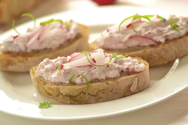 Ciabatta with cottage cheese and radish pate — Stock Photo, Image