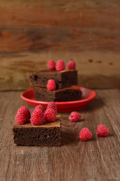 Brownie with raspberries, chocolate cake