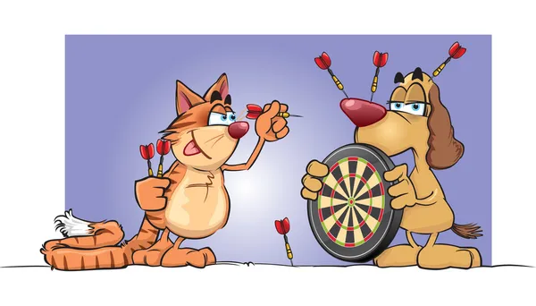 Cat & Dog Playing Darts — Stock Vector