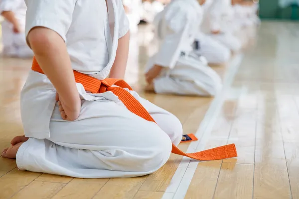 Karate öğrencileri dövüş sanatları salonunda eğitim görüyorlar. Spor salonunda dövüş sanatları eğitimi.. — Stok fotoğraf