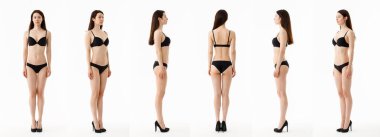 Model testleri. Mankenlerin arkadan görünüşü, iç çamaşırlı güzel esmer kadın, beyaz tenli..