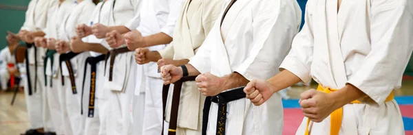 Maestro de karate en un kimono blanco y con un cinturón negro, se levanta frente a la formación de sus estudiantes. Escuela de artes marciales en entrenamiento en el gimnasio. Fotos de stock libres de derechos