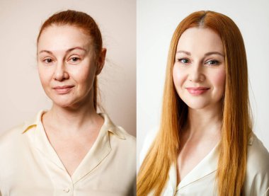 Kadın makyajdan önce ve sonra. - Evet. Dönüşüm konsepti, makyaj sanatçısına makyaj yaptıktan sonra güzellik. Rötuş yapılmadan sonuç