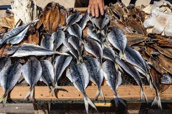 Nazare Portugal Salted Fishes Sold Beach Traditional Market Stall — стоковое фото