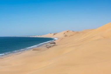 Namibya, Namib Çölü, denize düşen sarı kum tepelerinin manzarası.