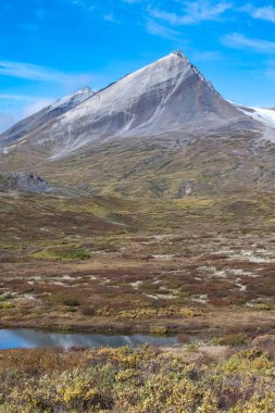 Kanada 'da Yukon, dağlar, Tombstone parkının sonbaharında vahşi manzara, Dempster Karayolu, bir göl.