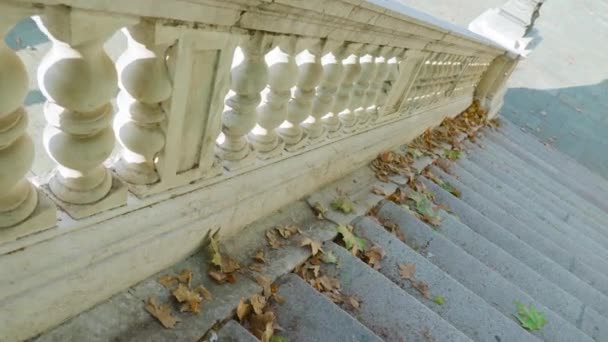 Escadas de pedra com grandes passos de cimento e grade de coluna de mármore — Vídeo de Stock