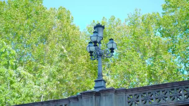 Gefälschte Straßenlaterne steht auf Betongeländer einer Brücke — Stockvideo