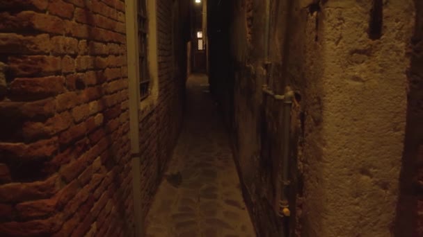 威尼斯的一条长长的黑暗狭窄的威尼斯通道 介于古老的砖墙和被毁的建筑物之间 灯火通明 威尼斯意大利 — 图库视频影像