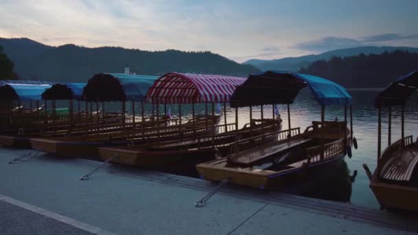 Barcos de pletna tradicionais atracados em longa fila no lago Bled — Vídeo de Stock