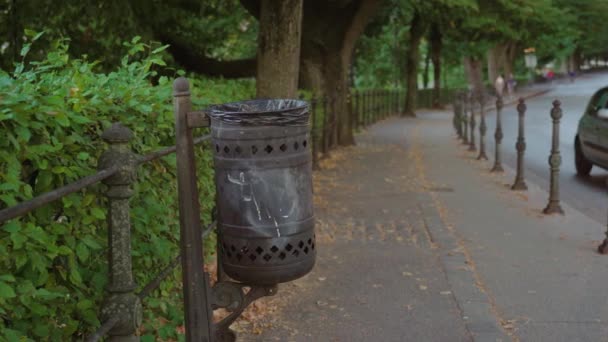 Järnströ bin svetsade till bearbetade stålstaket nära park — Stockvideo