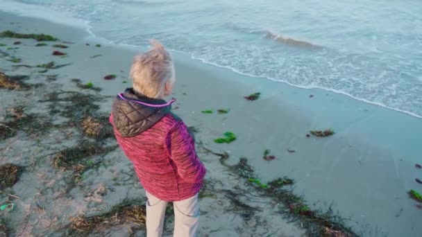 Grauhaarige Reisende genießt Wellenblick vom Strand — Stockvideo