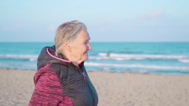 老太太带着灿烂的笑容欣赏着赤霞海岸的景色 — 图库视频影像
