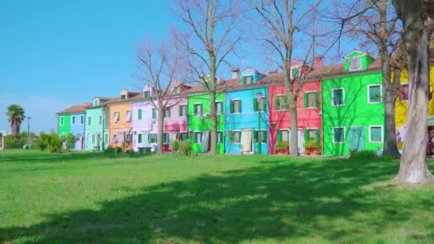 Poblíž zelené louky stojí vícebarevné domky — Stock video