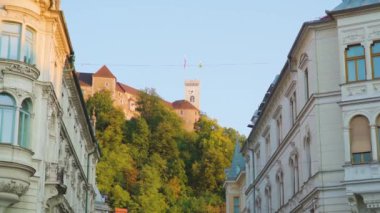 Tepedeki eski kale. Ljubljana caddesindeki binaların arkasında.