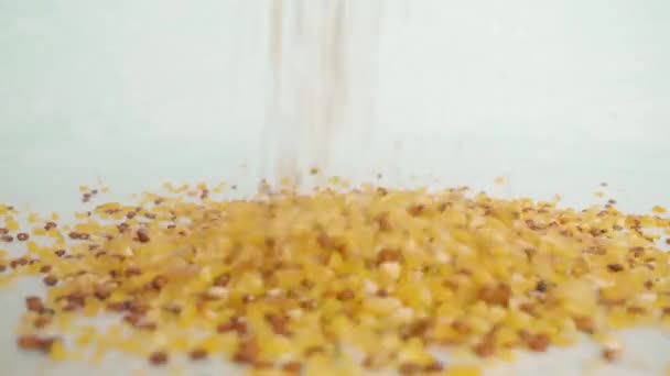 玉米和奇亚种子的混合物倒入白色表面 — 图库视频影像