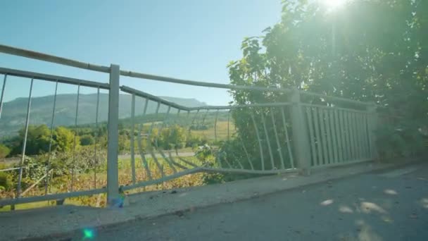 Изогнутые решетки асфальтового дорожного барьера возле зданий и кустов — стоковое видео