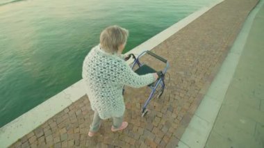 Yaşlı kadın, tekerlekli sandalye yuvarlayıcısı ile göl kıyısında geziniyor.