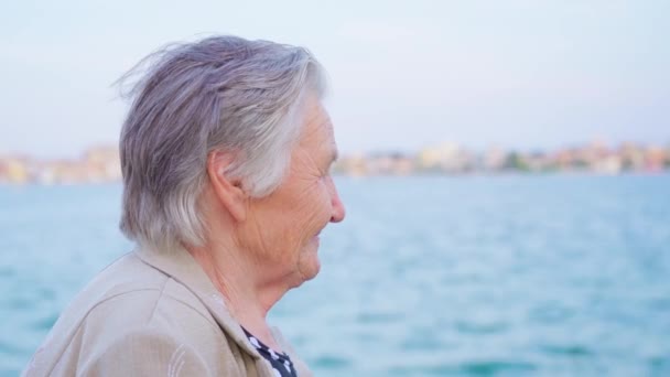 Седовласая женщина-путешественница наслаждается видом, стоящим на набережной — стоковое видео
