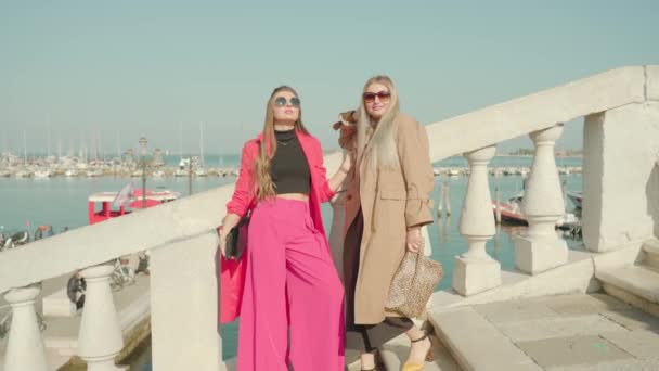 Jonge vrouwen genieten van het weer op de brug over de Venetiaanse lagune — Stockvideo