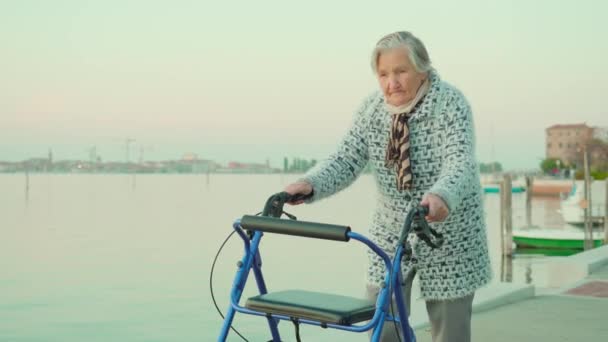 Γκρι μαλλιά ηλικιωμένη γυναίκα βόλτες κοντά στη λιμνοθάλασσα με walker — Αρχείο Βίντεο