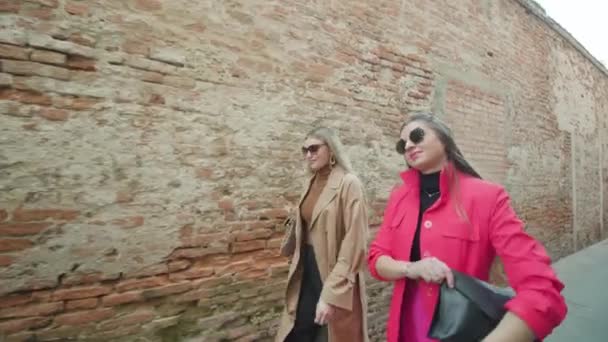 Young girl friends talk walking along brick wall in Venice — 图库视频影像