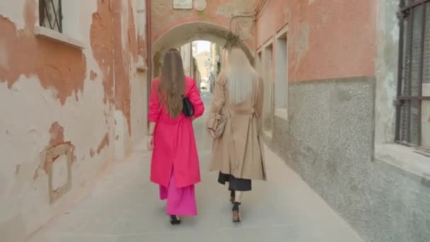 Amigas caminham ao longo da rua veneziana entre casas antigas — Vídeo de Stock