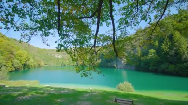 Blaues Wasser des Lamar-Sees bei Wald im italienischen Trentino — Stockvideo