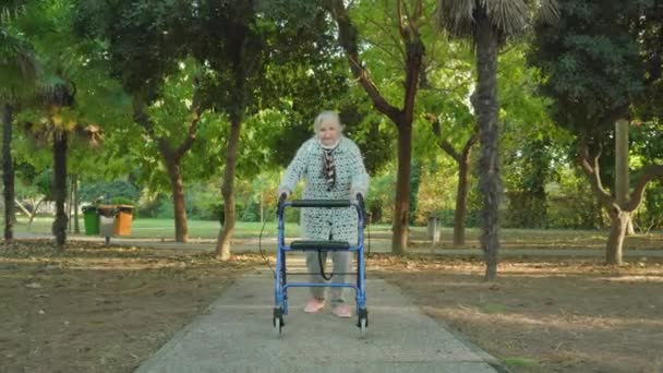 Oude vrouw wandelingen met behulp van rollator wandelaars in de herfst park — Stockvideo