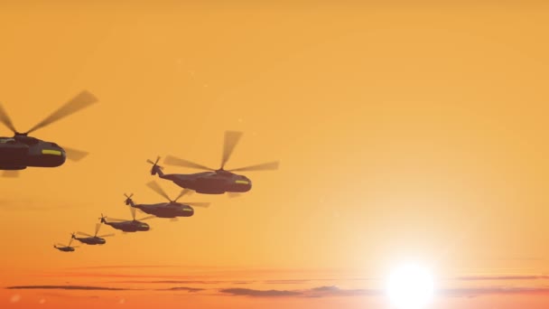 Wojskowe helikoptery latają przed jasnym słońcem na pomarańczowym niebie — Wideo stockowe