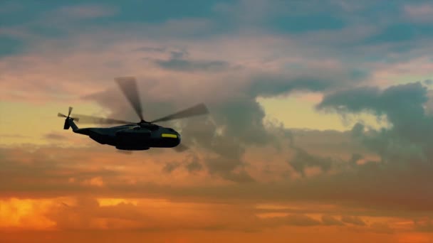 Silhouette of helicopter flies against cloudy sky at sunset — Stock Video