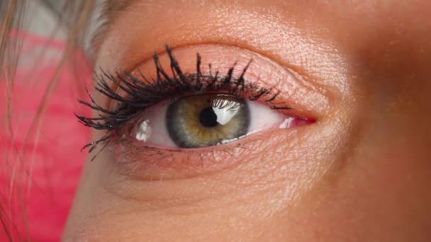 Mujer de ojos marrones con maquillaje de ojos brillantes mira más allá de la cámara — Vídeos de Stock