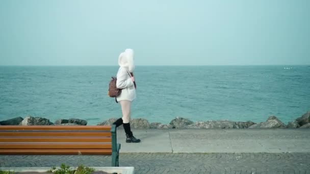 Mulher caminha em aterro ao longo do lago Garda no dia nublado — Vídeo de Stock