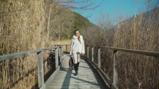 Mujer joven y elegante camina sobre puente de madera construir sobre estanque — Vídeos de Stock