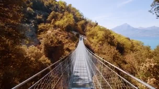 Suspension Tourist Footbridge Surrounded Lush Yellowed Trees Lake Garda Distant — Stock video