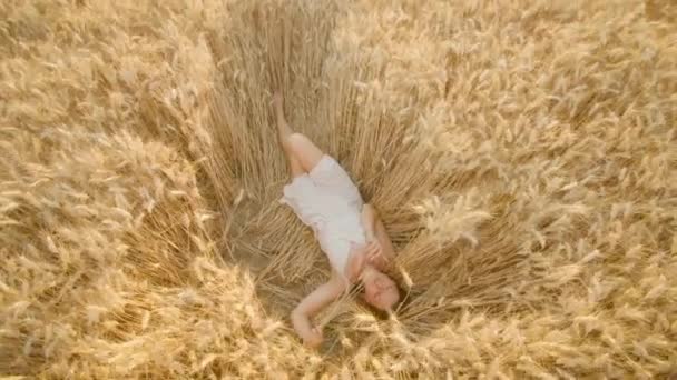 Young Woman Enjoys Relaxing Flattened Ripe Wheat Field Sunny Day — Vídeos de Stock