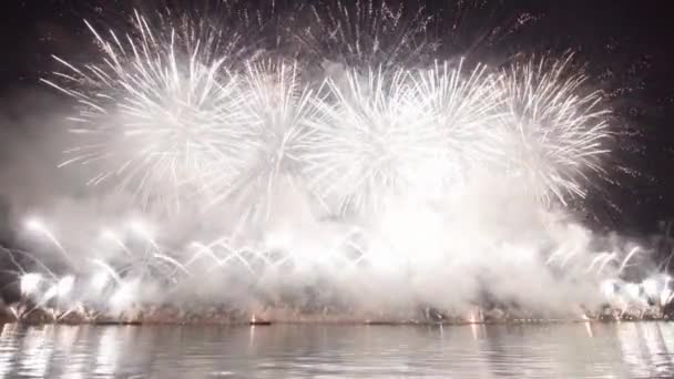 White Fireworks Burst Air Spreading Smoke Night City Feast Redeemer — Vídeo de Stock