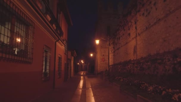 Narrow Street Vintage Buildings Bright Lanterns Old Italian Town Ancient — Vídeo de Stock
