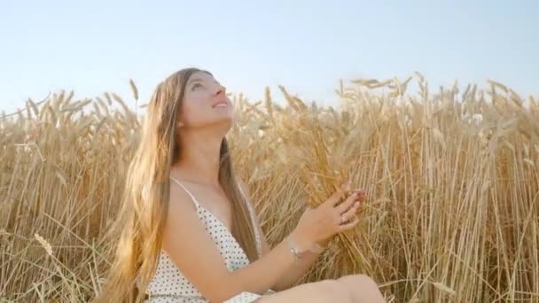 Smiling Woman Long Hair Makes Bouquet Wheat Spikelets Sitting Wheat — Vídeos de Stock