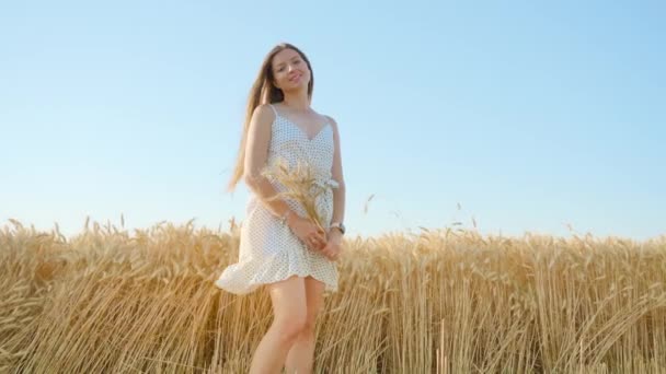 Long Haired Woman Stands Golden Field Holding Handmade Bouquet Wheat — Stockvideo