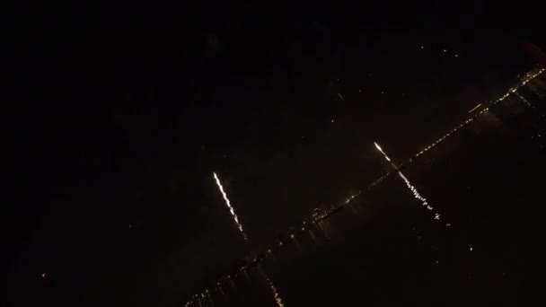 Colorful Fireworks Burst Air Night City Reflecting Water Surface Fantastic — Stockvideo