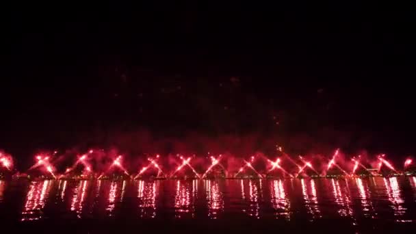 Numerous Red Fireworks Launched Synchronically Feast Redeemer Venice Night Light — Vídeo de Stock