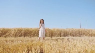 Little blonde girl waves with handmade bouquet of golden spikelets on sunny summer day. Happy kid stands in wheat field under clear blue sky