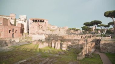 ROME, ITALY - MAY 12 2022: Trajan Forum with ancient ruins and green trees growing in Rome on sunny day. Historical tourist place and architecture under blue sky on May 12 in Rome
