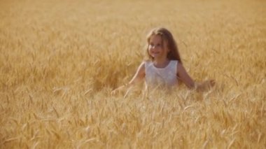 Cheerful girl sits hiding in high wheat field on sunny summer day in countryside. Happy kid with long loose hair walks touching golden spikelets
