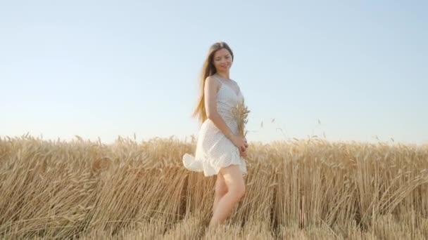 Blonde Woman Poses Photo Standing Golden Wheat Field Clear Blue — Stock video