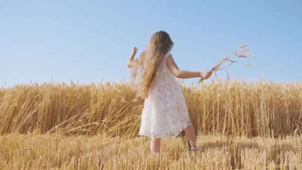 Cheerful Girl Dances Golden Wheat Field Holding Bouquet Spikelets Cute — Vídeo de Stock