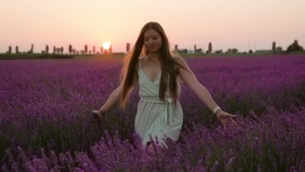 Young Woman Walks Lavender Sunset — Stockvideo